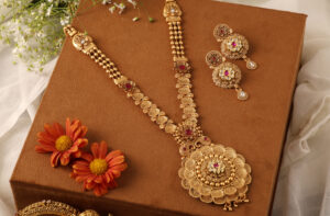 Gold Plated Handcrafted Red Rose Temple Jewellery Set