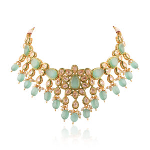 Gold Plated Tyani Kundan With Mint Beaded Neckset